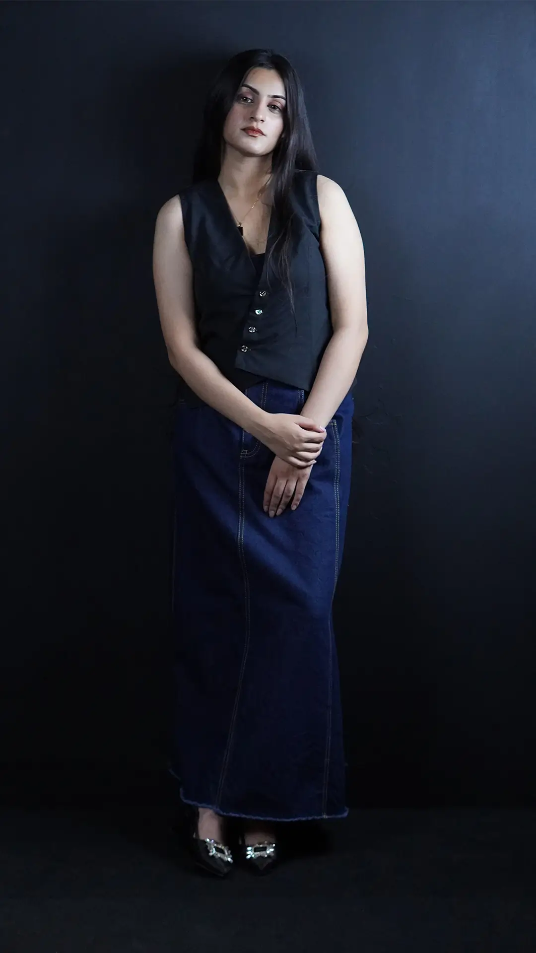 Dark Indigo Denim A-Line Maxi Skirt