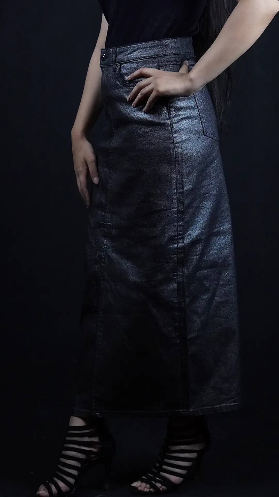 Premium Metallic Denim Midi Skirt