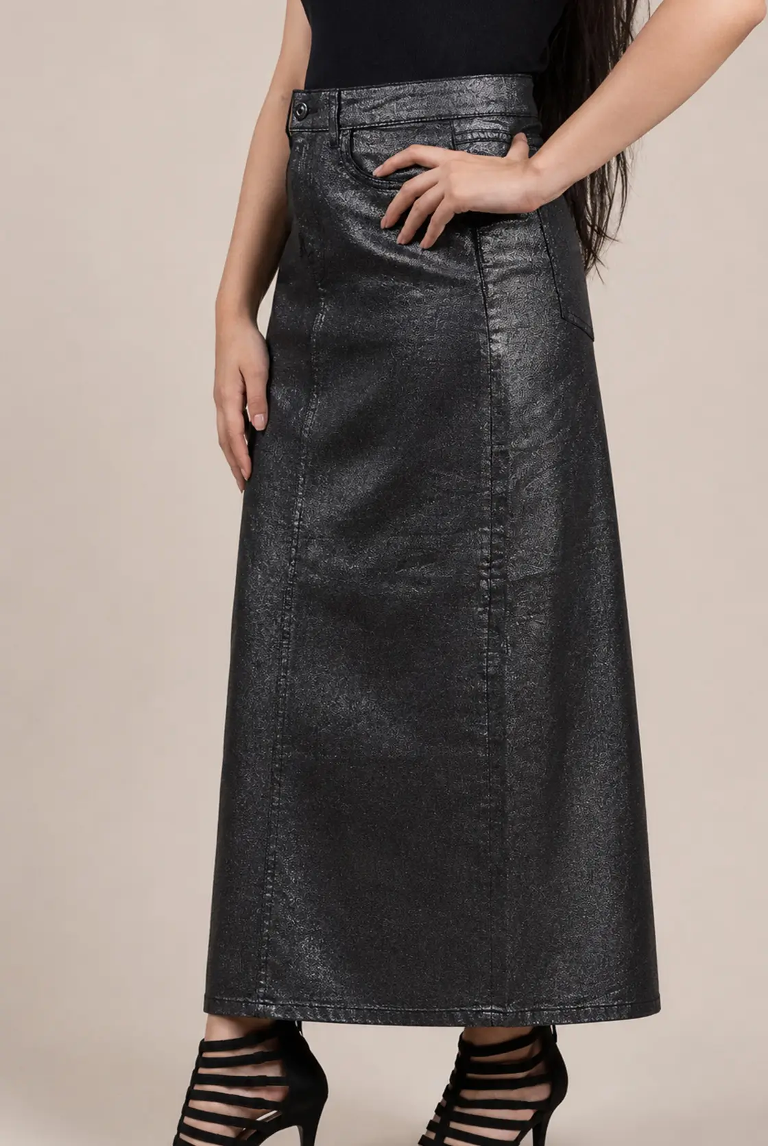 Premium Metallic Denim Midi Skirt