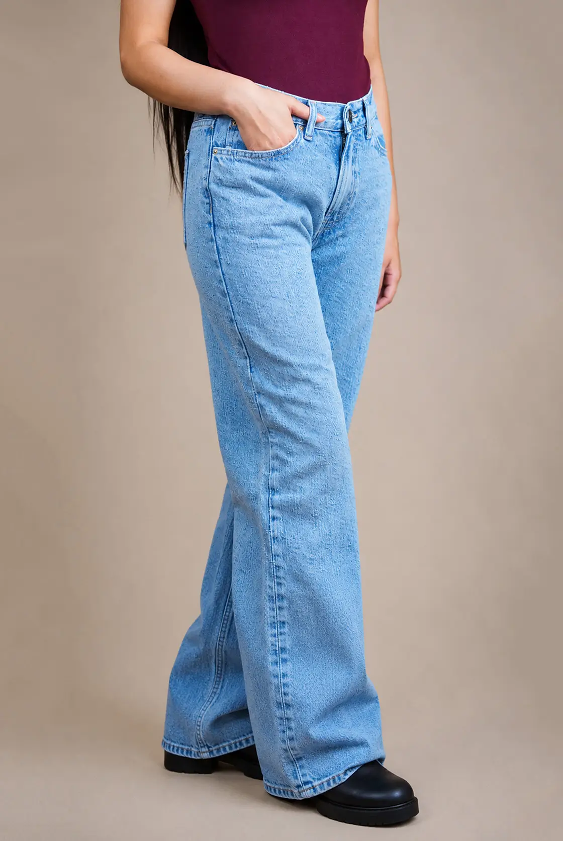 Textured Light Wash Straight-Leg Jeans