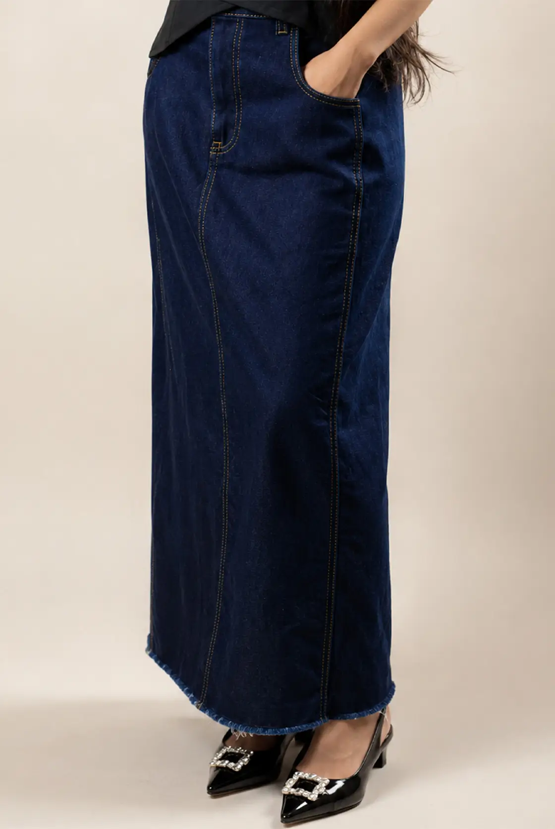 Dark Indigo Denim A-Line Maxi Skirt